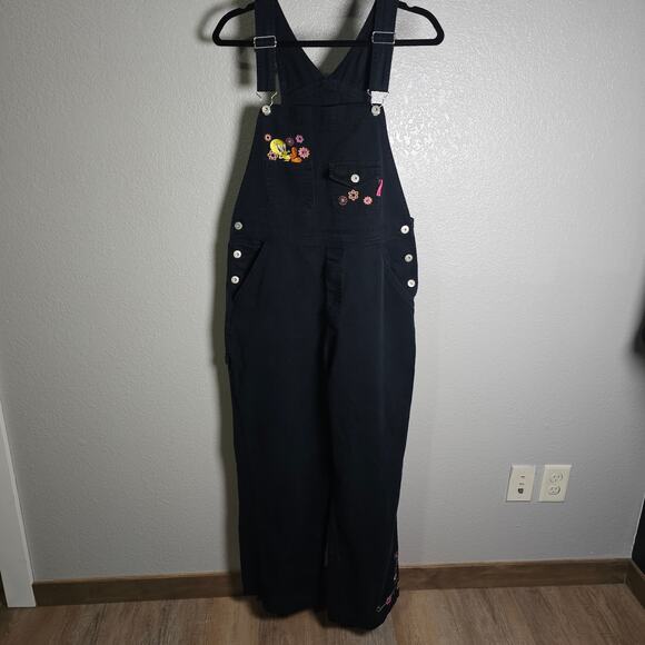 Vintage 2001 Tweety Black Wide Leg Overalls Year 2001 Embroidered Detail Large - Picture 1 of 16